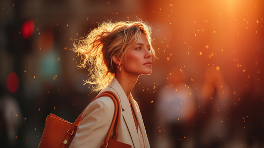 Confident woman walking alone at sunrise in a city street, wearing a cream blazer and carrying a leather bag, golden light in her hair, symbolizing a fresh start and inner power