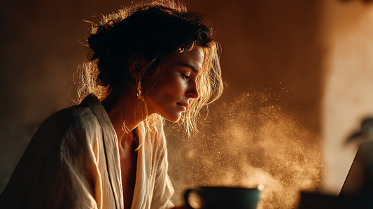 Focused woman working in warm morning light with steam rising from a cup of coffee, dressed in soft neutral clothing, embodying a calm and intentional start to her digital business day