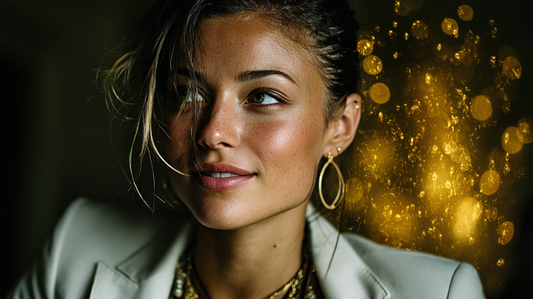 Close-up of a confident woman with glowing golden sparkles behind her, wearing a white blazer and gold earrings, exuding quiet power, magnetic presence and modern feminine success