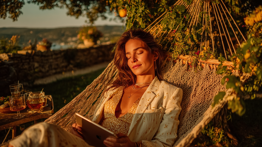 Woman lounging in a hammock at sunset with a tablet in hand, wearing a white and gold outfit, surrounded by nature and golden light, representing the feminine art of resting, receiving and flowing in business