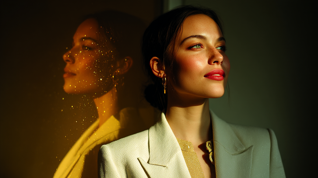 Woman contemplating her identity shift in the mirror, from survival to flow