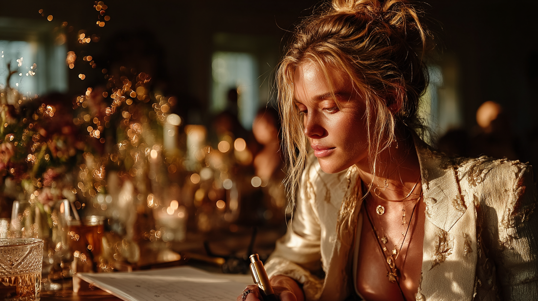 Boho-luxe woman journaling at a candlelit table, wearing a golden embroidered jacket, surrounded by warm light and floral glow, capturing a moment of creative clarity and feminine strategy