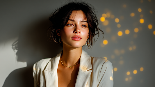 Calm and confident woman standing in golden light with soft bokeh behind her, wearing a white blazer and gold jewelry, reflecting on her business strategy with quiet focus and clarity