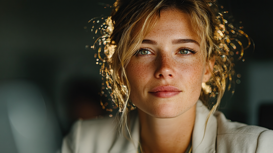 Close-up portrait of a confident woman with green eyes and soft golden curls, wearing a light blazer and illuminated by warm light, symbolizing clarity, leadership and inner focus in feminine entrepreneurship