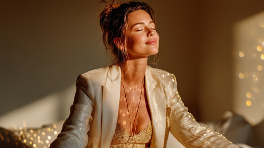 Elegant woman in a golden blazer meditating in warm morning light, eyes closed and smiling softly, glowing with peace and confidence, symbolizing alignment, feminine power and abundant energy