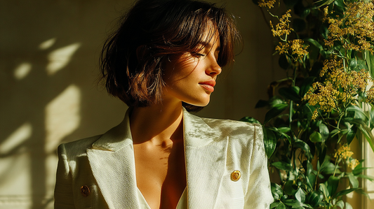 Softly lit woman in a white blazer standing by indoor plants, eyes closed and face in golden shadow, expressing calm focus, natural elegance and the power of subtle entrepreneurship