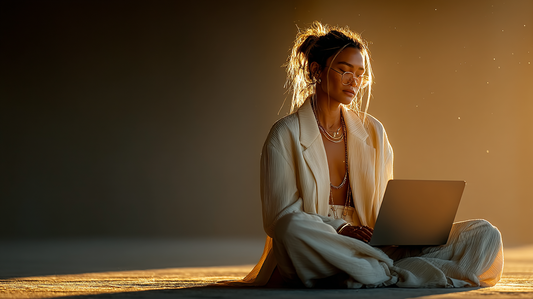 Tired but focused woman sitting cross-legged on the floor with a laptop, dressed in soft cream loungewear and a light blazer, bathed in golden light, expressing slow resilience and graceful determination